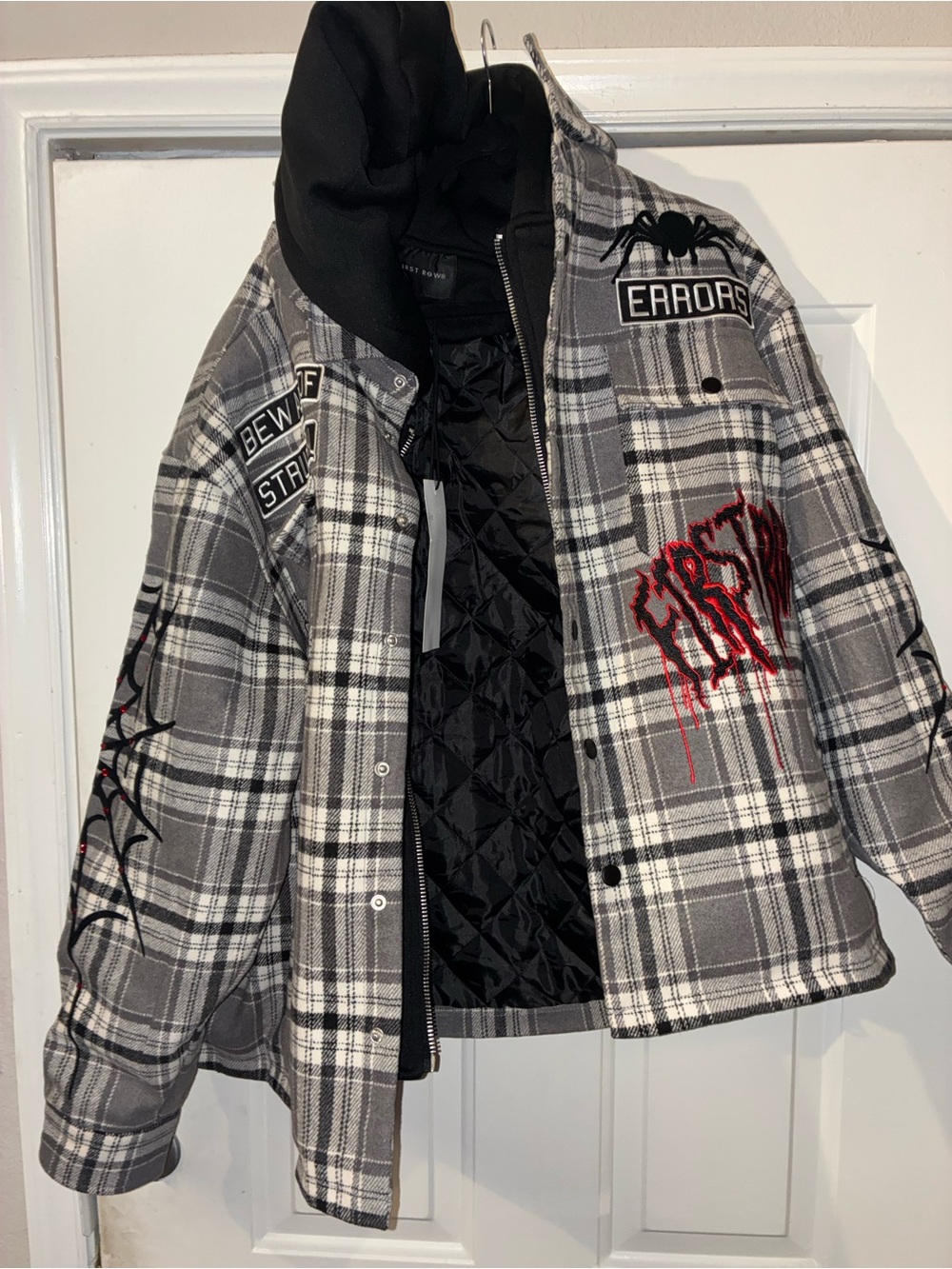 Men's Gray Plaid Hooded Style Jacket with Red Graphic Detail